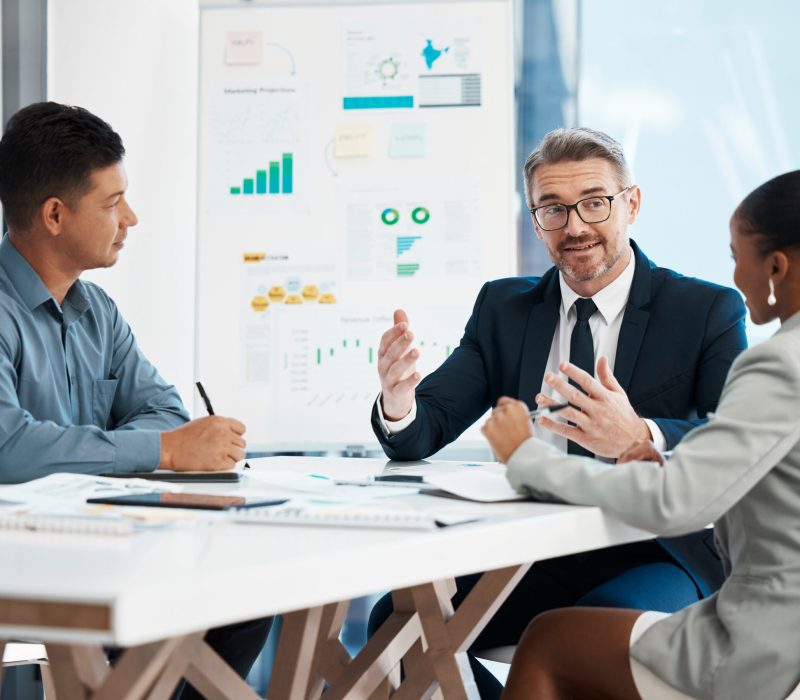 Business manager, accountant or investor in a finance, marketing or company meeting presentation wi.